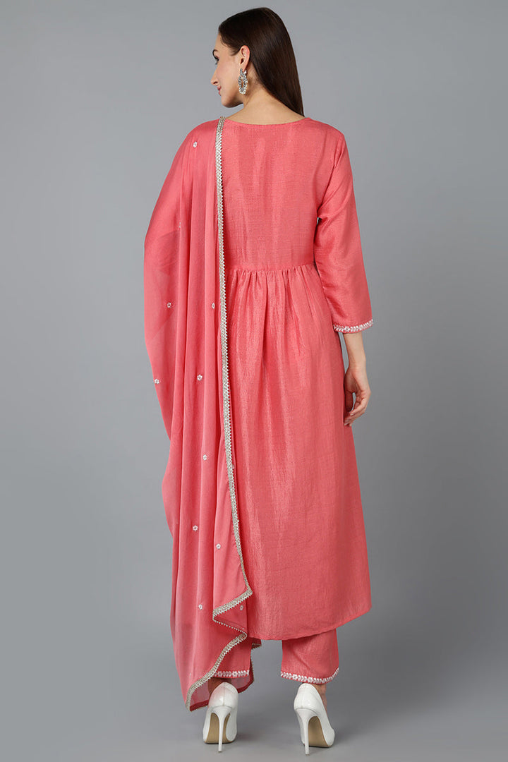 Silk Blend Blush Pink Straight Kurta Pant With Dupatta | SHOBITAM