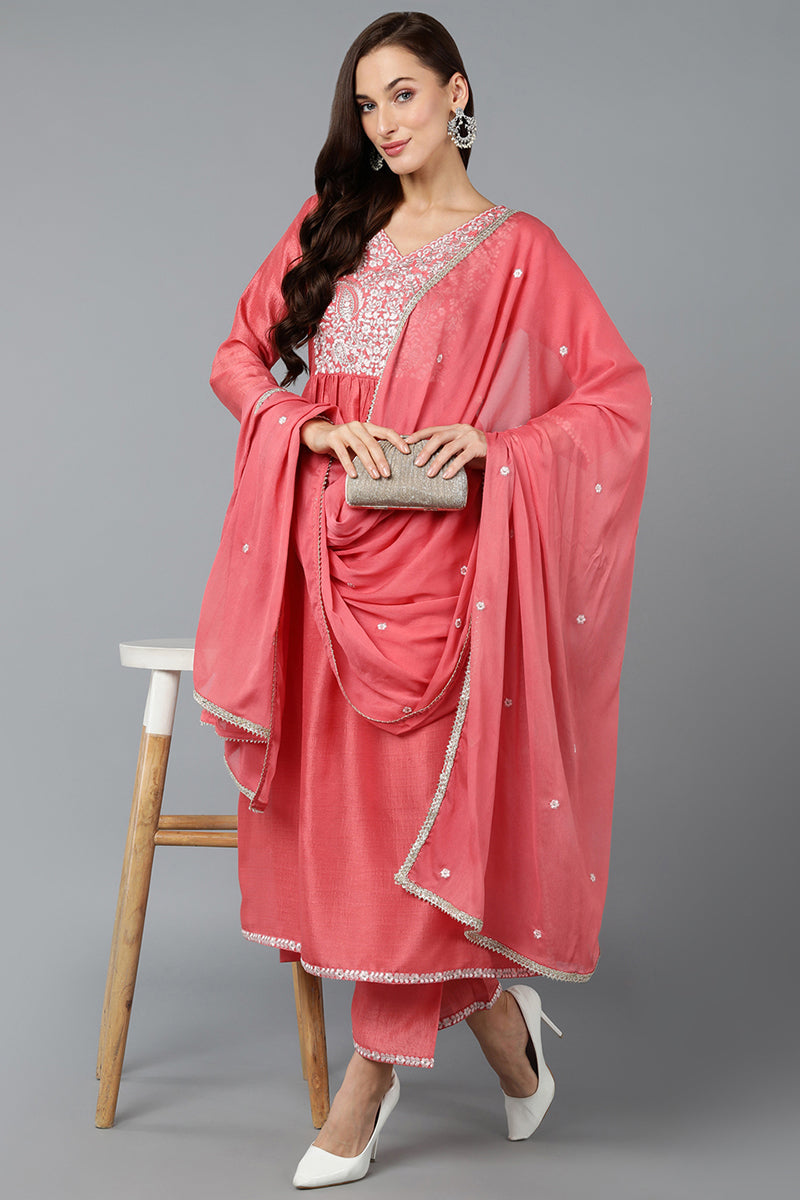 Silk Blend Blush Pink Straight Kurta Pant With Dupatta | SHOBITAM