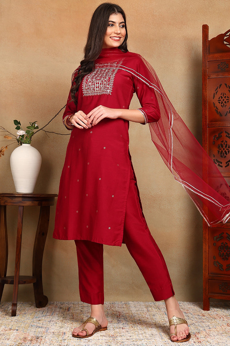 Maroon Silk Blend Rogan Work Straight Suit Set  | SHOBITAM