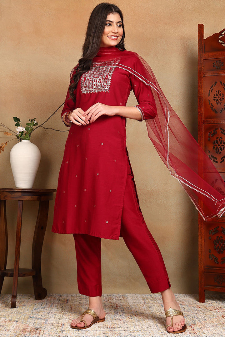 Maroon Silk Blend Rogan Work Straight Suit Set  | SHOBITAM