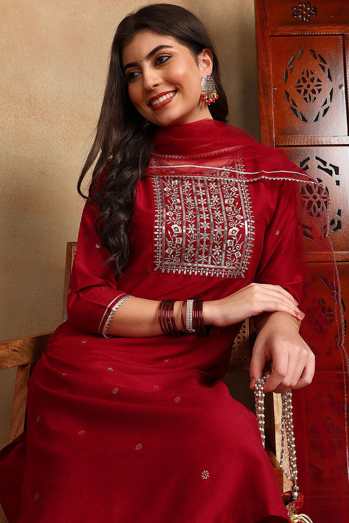 Maroon Silk Blend Rogan Work Straight Suit Set  | SHOBITAM