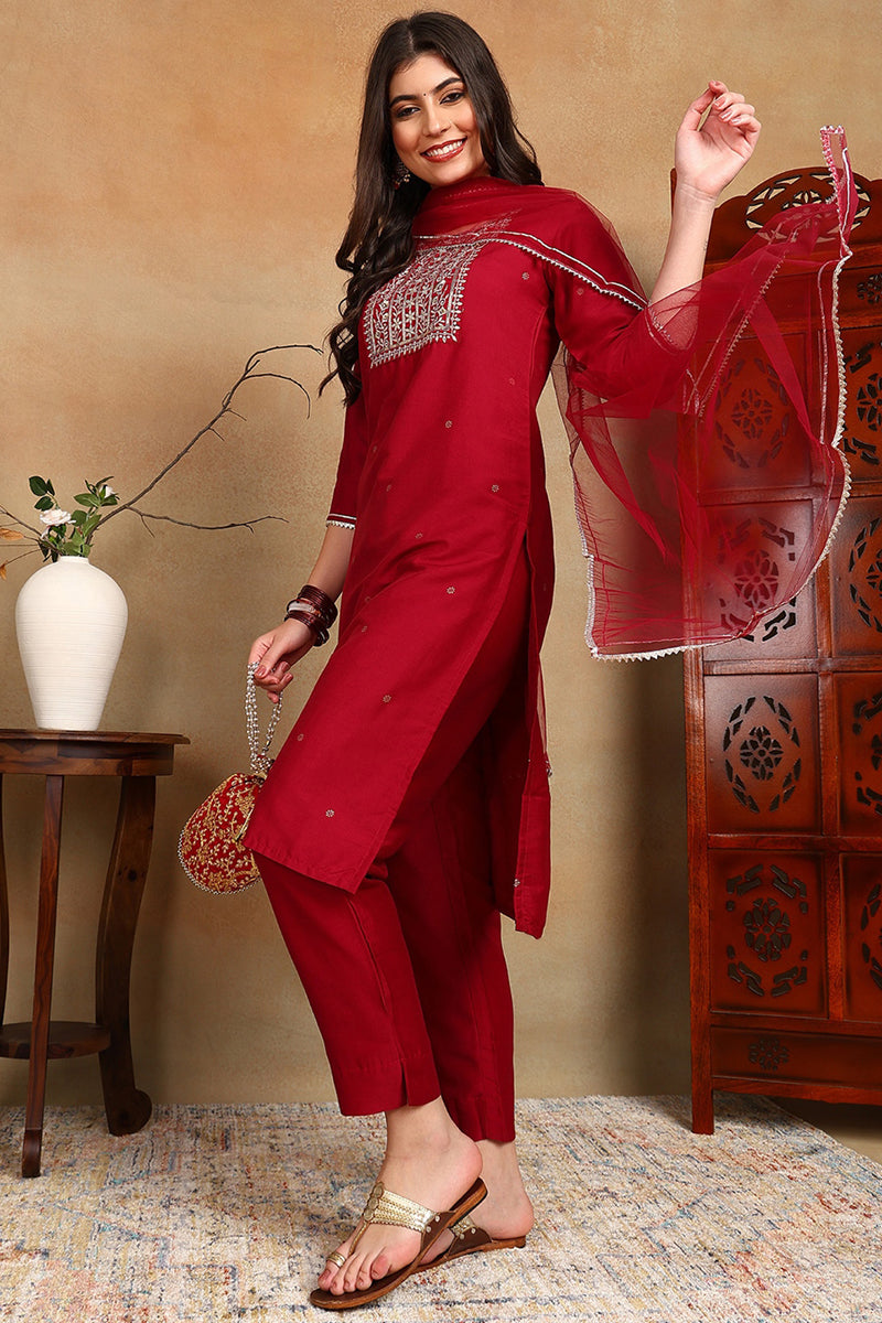 Maroon Silk Blend Rogan Work Straight Suit Set  | SHOBITAM