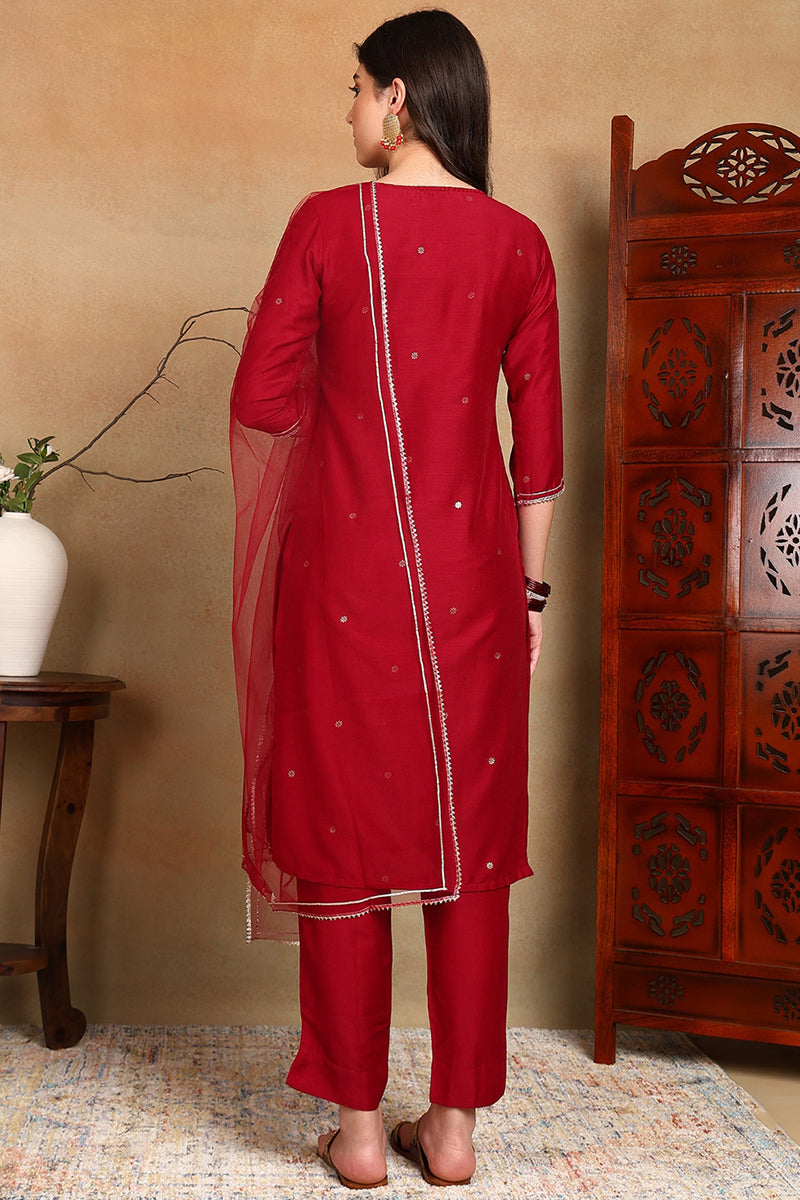 Maroon Silk Blend Rogan Work Straight Suit Set  | SHOBITAM