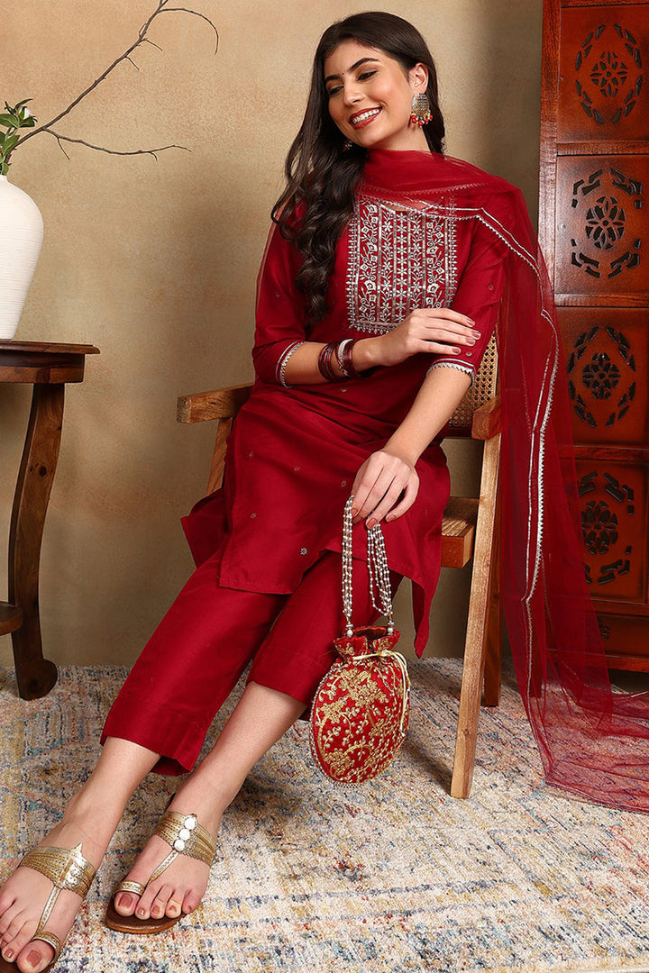 Maroon Silk Blend Rogan Work Straight Suit Set  | SHOBITAM