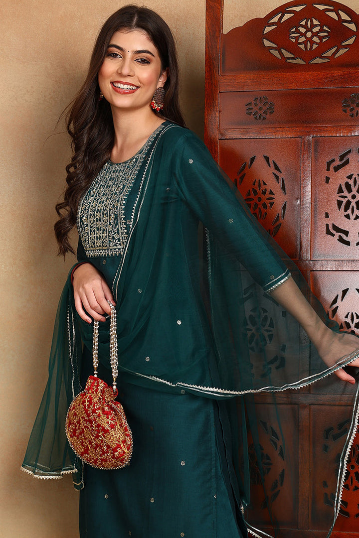 Green Silk Blend Rogan Work Straight Suit Set  | SHOBITAM