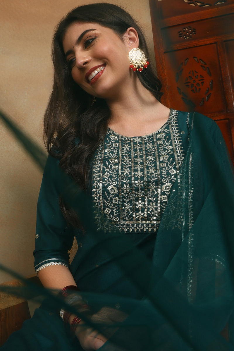 Green Silk Blend Rogan Work Straight Suit Set  | SHOBITAM