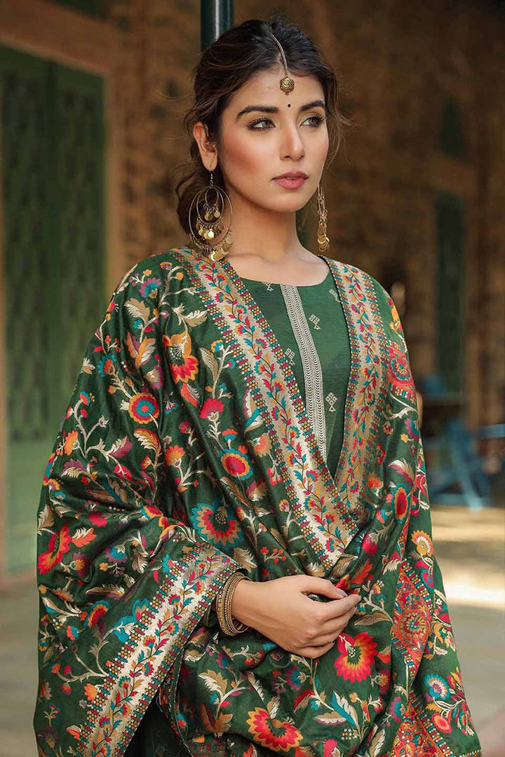 Green Silk Blend Ethnic Motifs Straight Suit Set | SHOBITAM