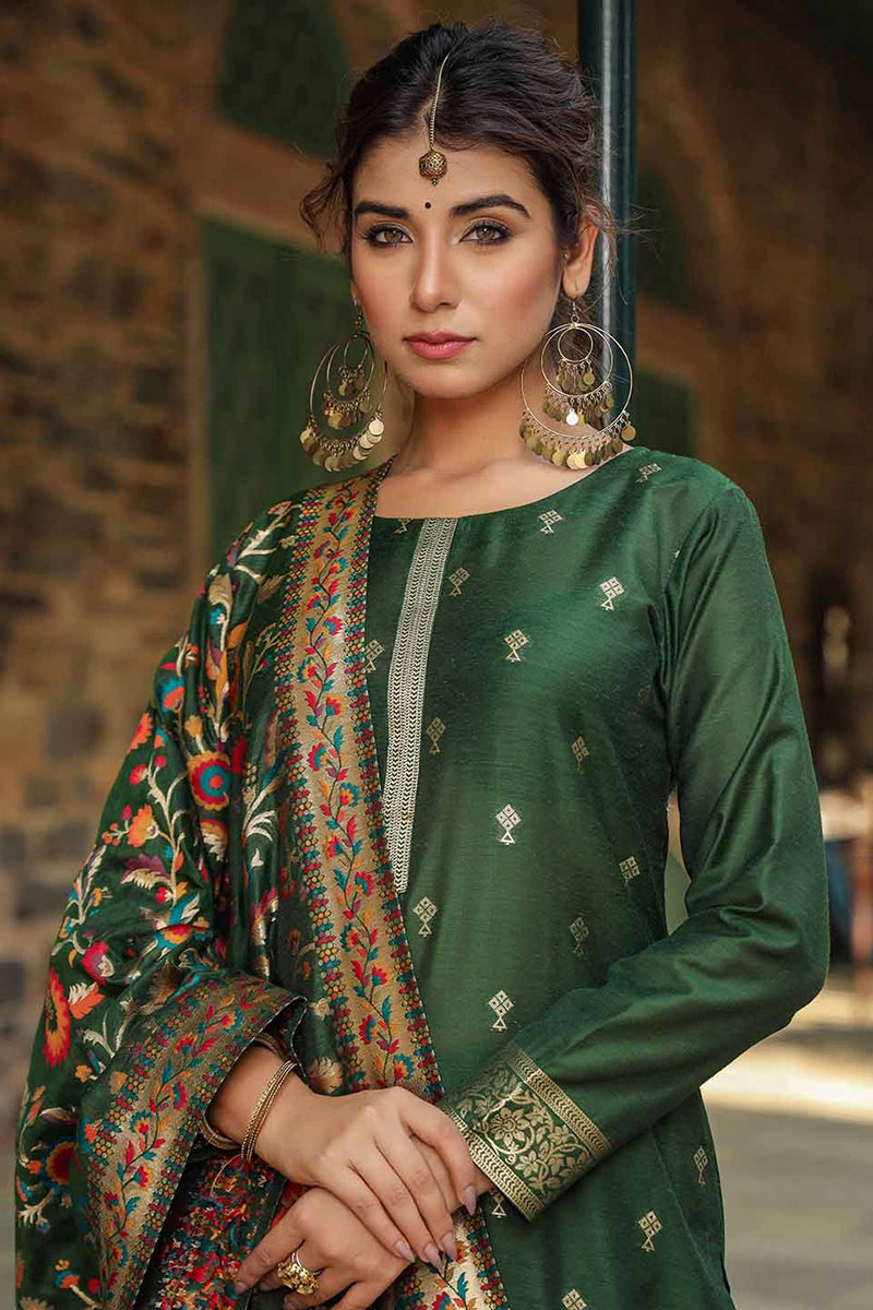 Green Silk Blend Ethnic Motifs Straight Suit Set | SHOBITAM