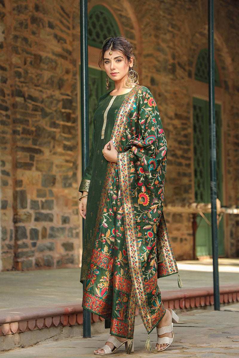 Green Silk Blend Ethnic Motifs Straight Suit Set | SHOBITAM