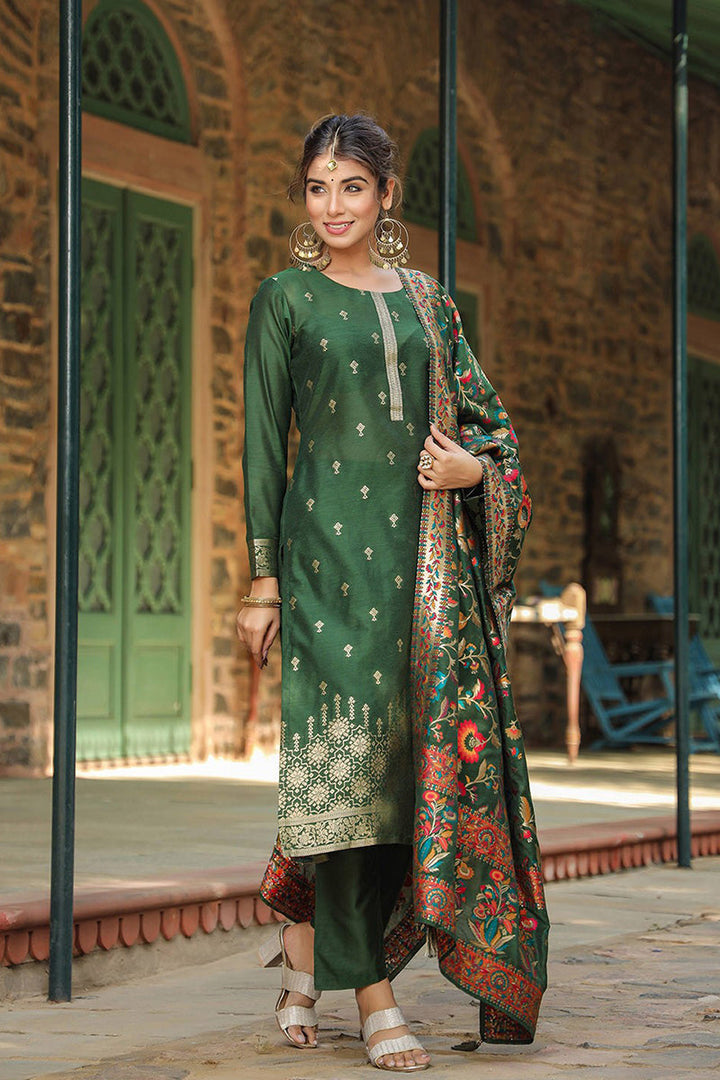 Green Silk Blend Ethnic Motifs Straight Suit Set | SHOBITAM