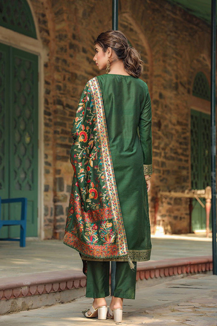 Green Silk Blend Ethnic Motifs Straight Suit Set | SHOBITAM
