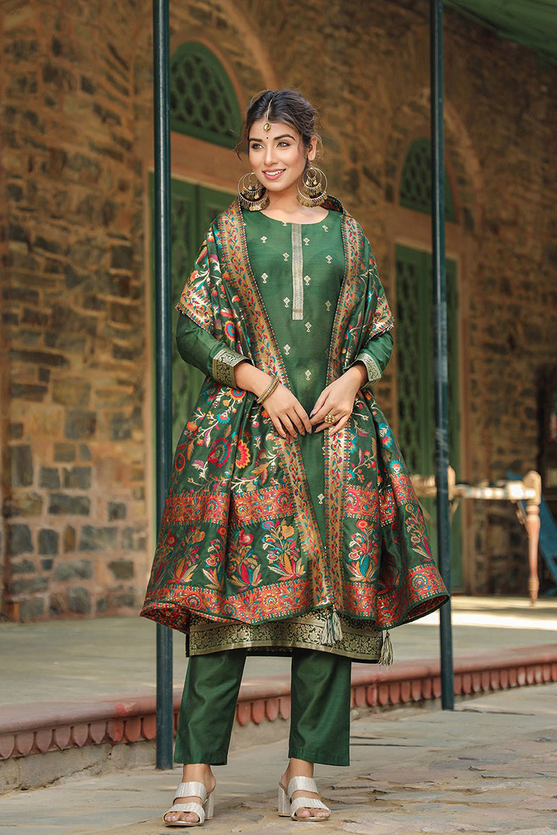 Green Silk Blend Ethnic Motifs Straight Suit Set | SHOBITAM
