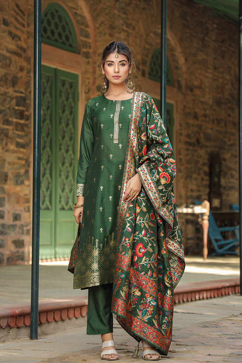 Green Silk Blend Ethnic Motifs Straight Suit Set | SHOBITAM