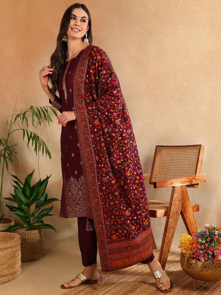 Burgundy Silk Blend Ethnic Straight Suit Set | SHOBITAM