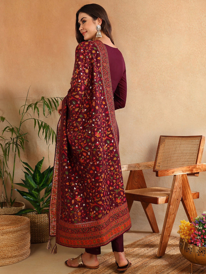 Burgundy Silk Blend Ethnic Straight Suit Set | SHOBITAM