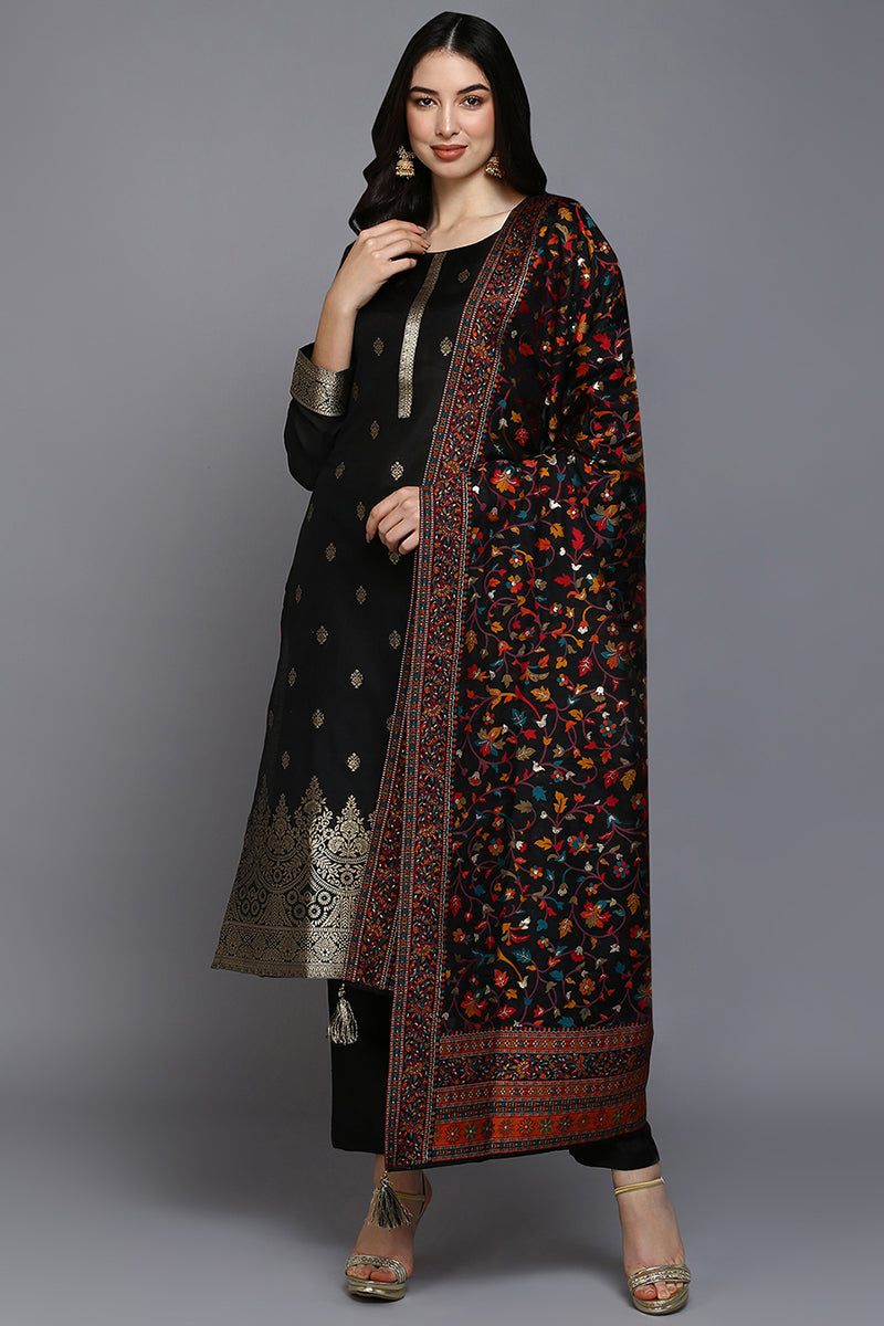 Black Silk Blend Ethnic Straight Suit Set | SHOBITAM