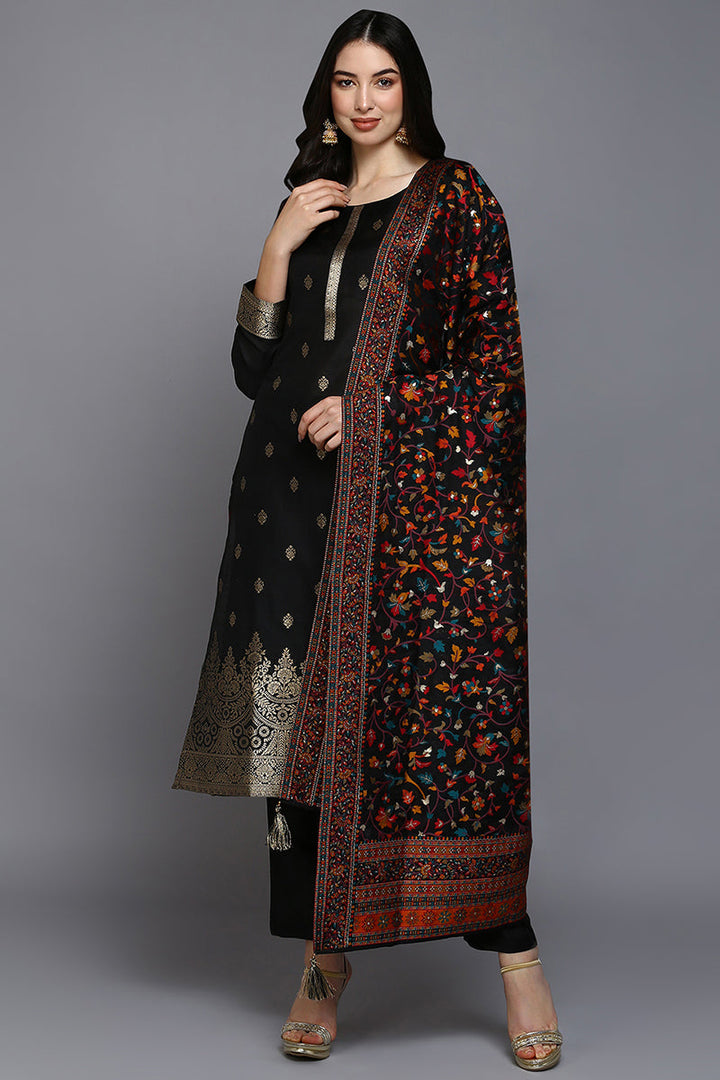 Black Silk Blend Ethnic Straight Suit Set | SHOBITAM