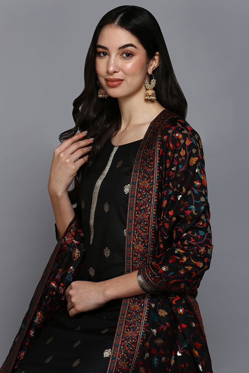 Black Silk Blend Ethnic Straight Suit Set | SHOBITAM