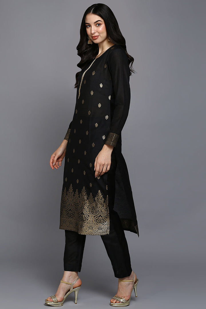 Black Silk Blend Ethnic Straight Suit Set | SHOBITAM