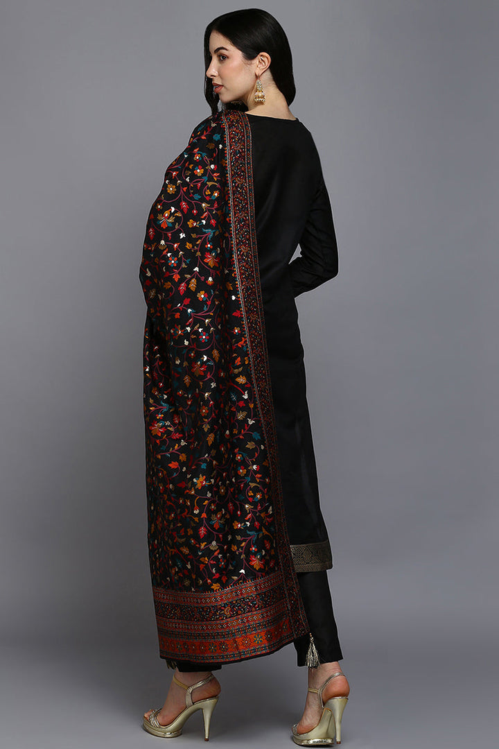 Black Silk Blend Ethnic Straight Suit Set | SHOBITAM