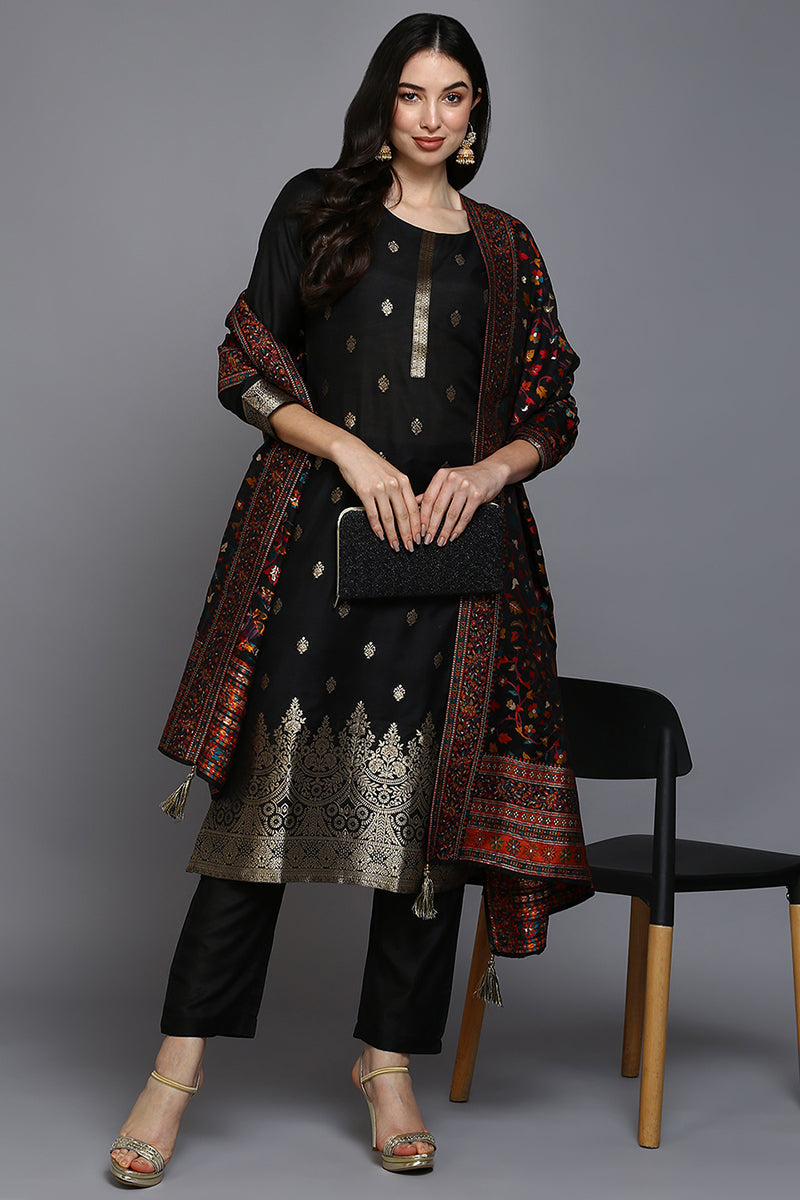 Black Silk Blend Ethnic Straight Suit Set | SHOBITAM