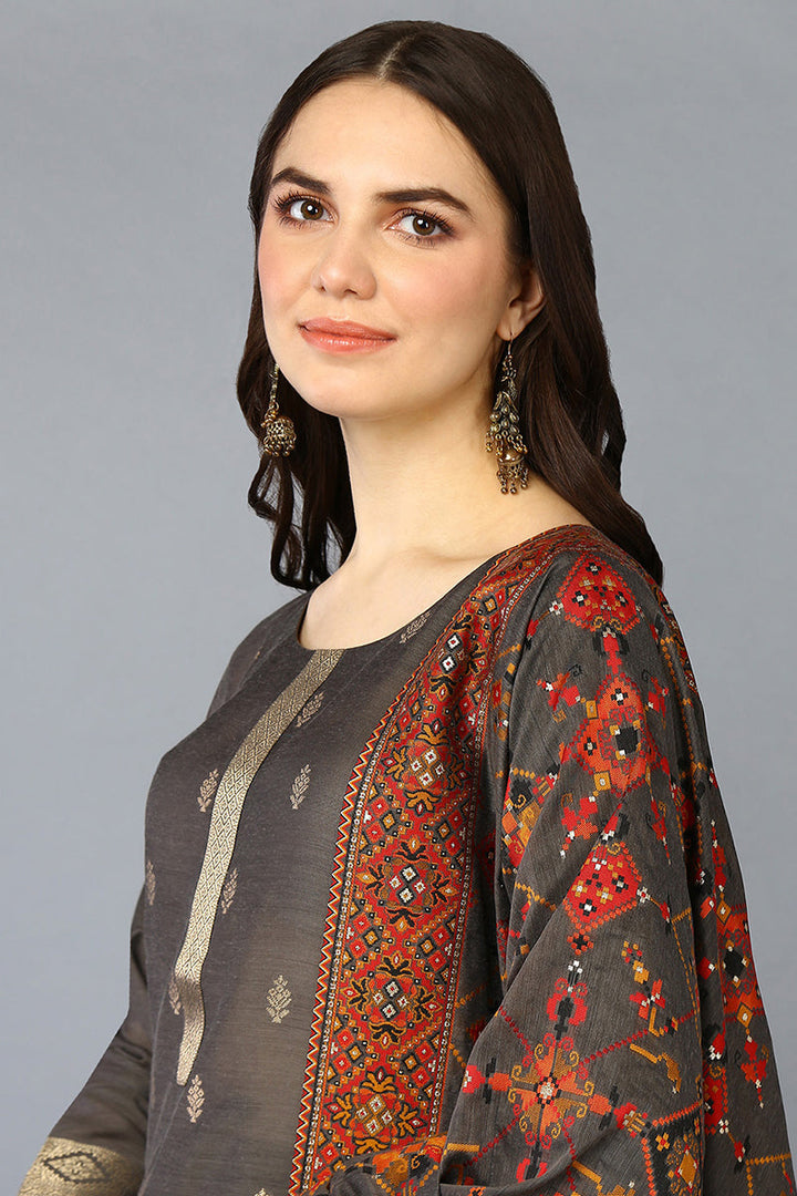 Grey Silk Blend Ethnic Motifs Straight Suit Set | SHOBITAM