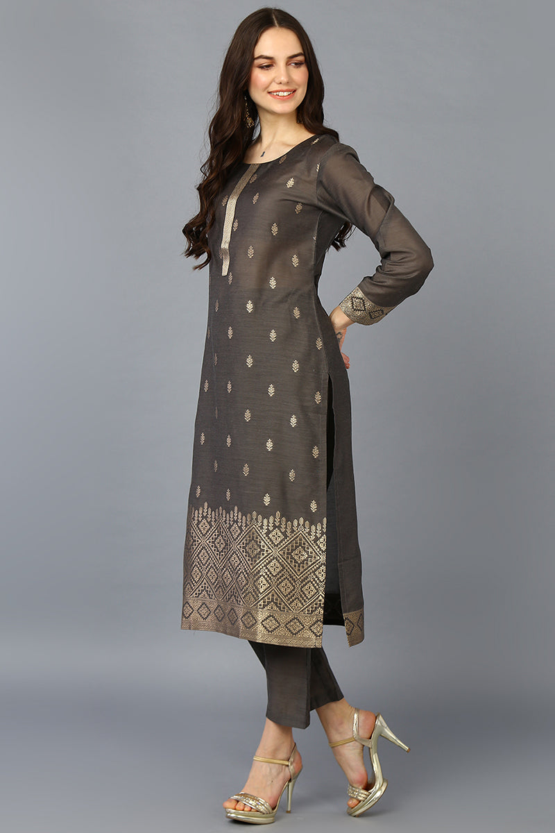 Grey Silk Blend Ethnic Motifs Straight Suit Set | SHOBITAM