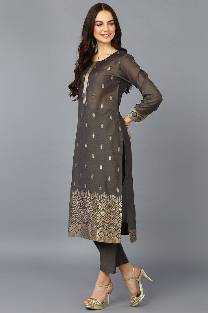 Grey Silk Blend Ethnic Motifs Straight Suit Set | SHOBITAM