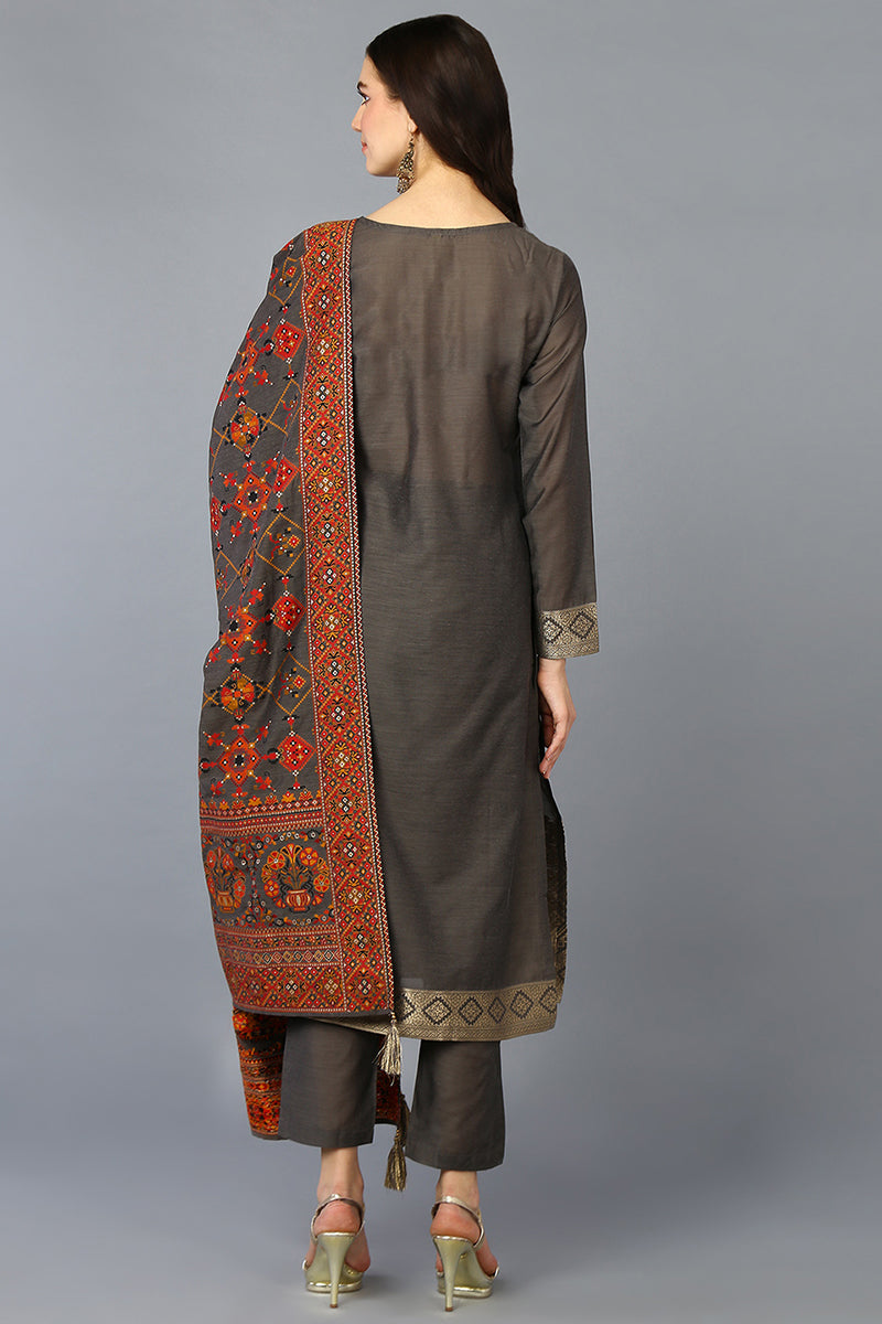 Grey Silk Blend Ethnic Motifs Straight Suit Set | SHOBITAM
