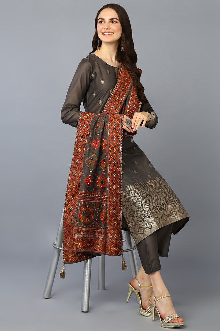 Grey Silk Blend Ethnic Motifs Straight Suit Set | SHOBITAM