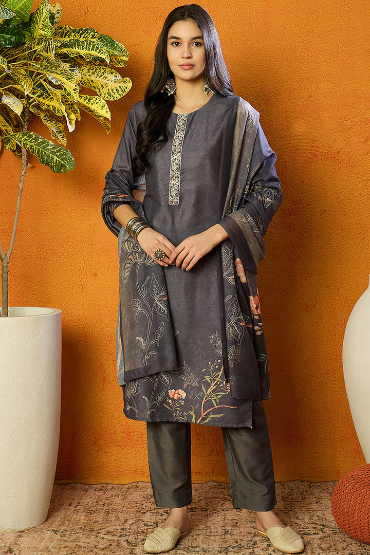 Grey Silk Blend Floral Straight Suit Set | SHOBITAM