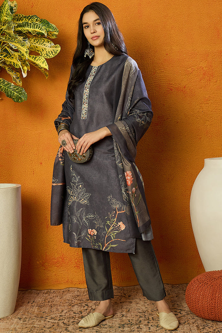 Grey Silk Blend Floral Straight Suit Set | SHOBITAM