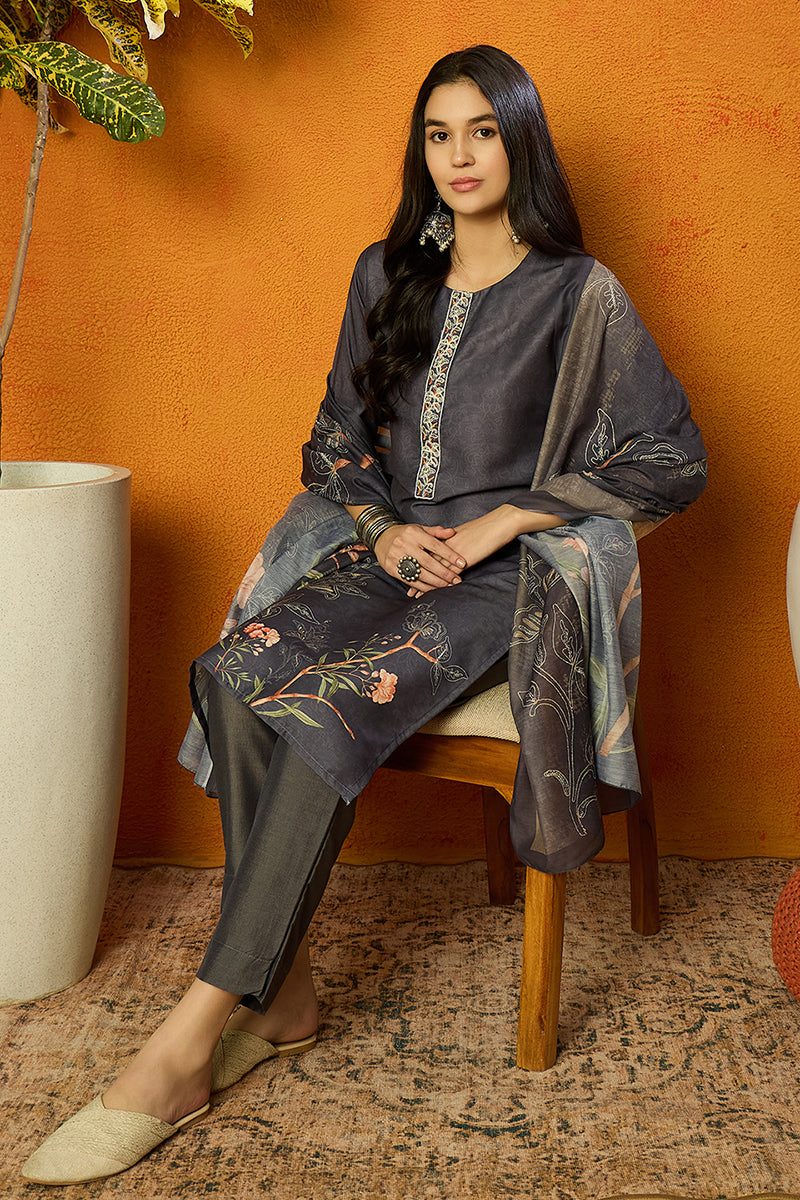 Grey Silk Blend Floral Straight Suit Set | SHOBITAM
