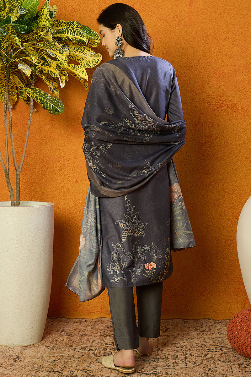 Grey Silk Blend Floral Straight Suit Set | SHOBITAM