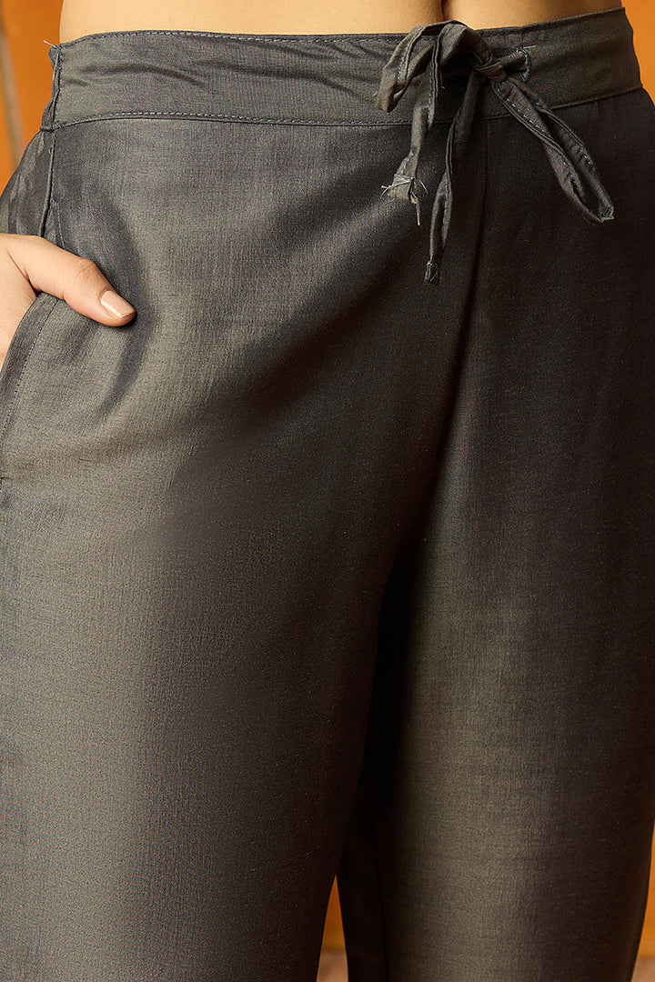 Grey Silk Blend Floral Straight Suit Set | SHOBITAM