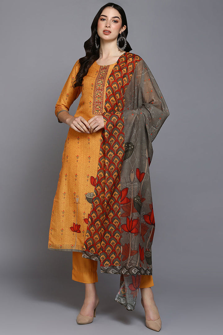 Orange Silk Blend Ethnic Motifs Straight Suit Set  | SHOBITAM