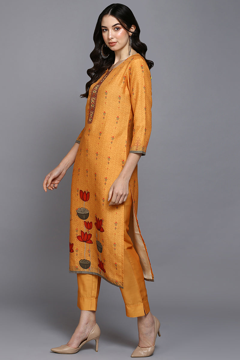 Orange Silk Blend Ethnic Motifs Straight Suit Set  | SHOBITAM