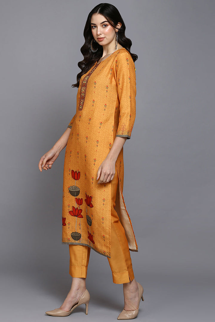 Orange Silk Blend Ethnic Motifs Straight Suit Set  | SHOBITAM
