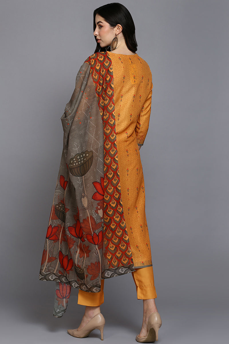 Orange Silk Blend Ethnic Motifs Straight Suit Set  | SHOBITAM