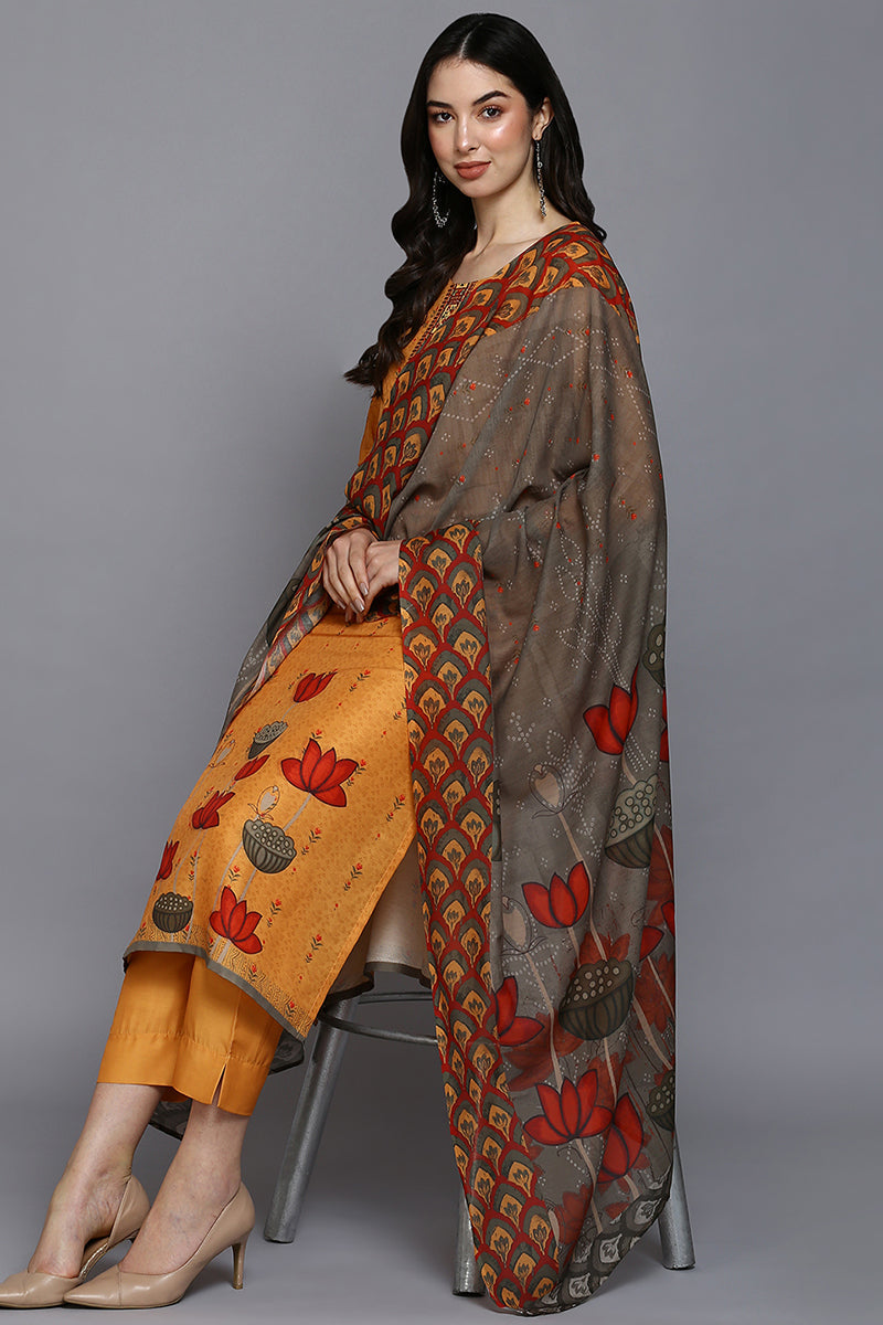 Orange Silk Blend Ethnic Motifs Straight Suit Set  | SHOBITAM