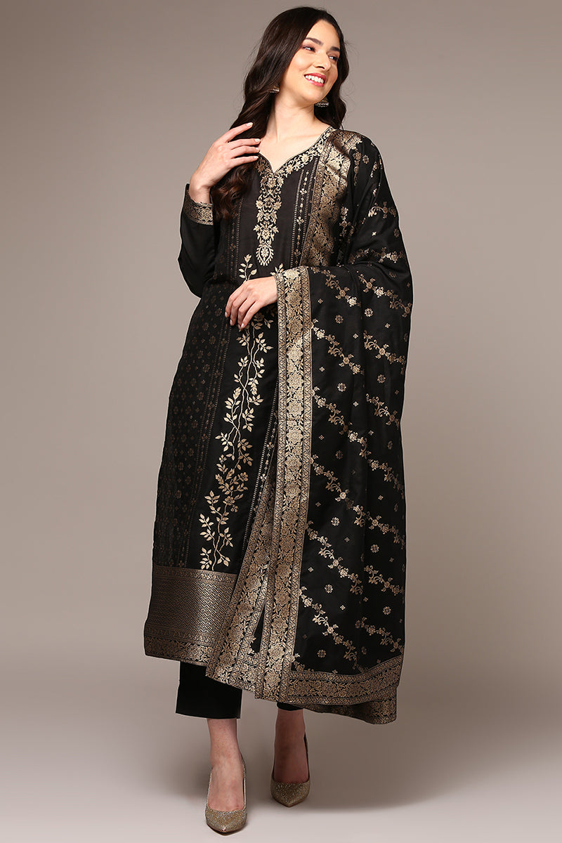 Black Poly Chanderi Floral Straight Suit Set | SHOBITAM