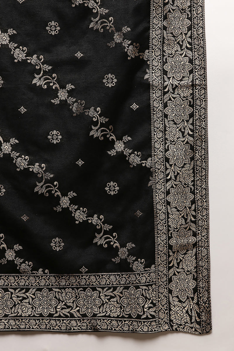 Black Poly Chanderi Floral Straight Suit Set | SHOBITAM