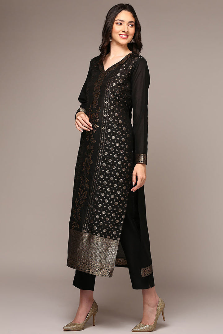 Black Poly Chanderi Floral Straight Suit Set | SHOBITAM