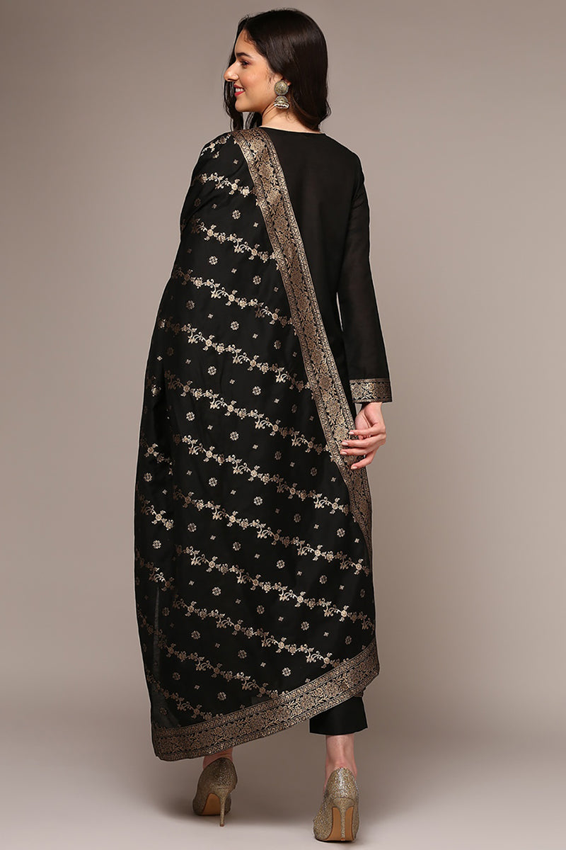 Black Poly Chanderi Floral Straight Suit Set | SHOBITAM