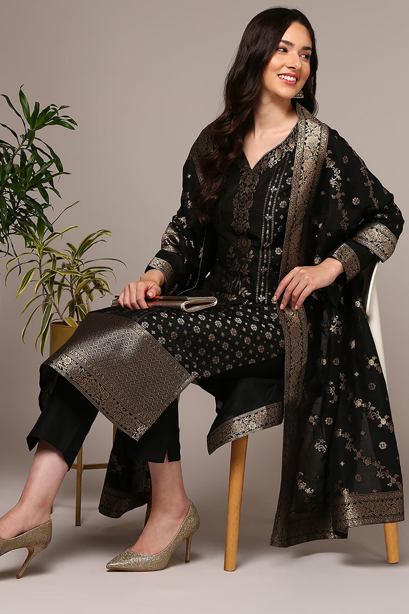 Black Poly Chanderi Floral Straight Suit Set | SHOBITAM