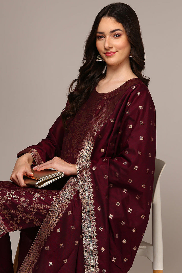 Maroon Poly Chanderi Woven Design Straight Suit Set | SHOBITAM