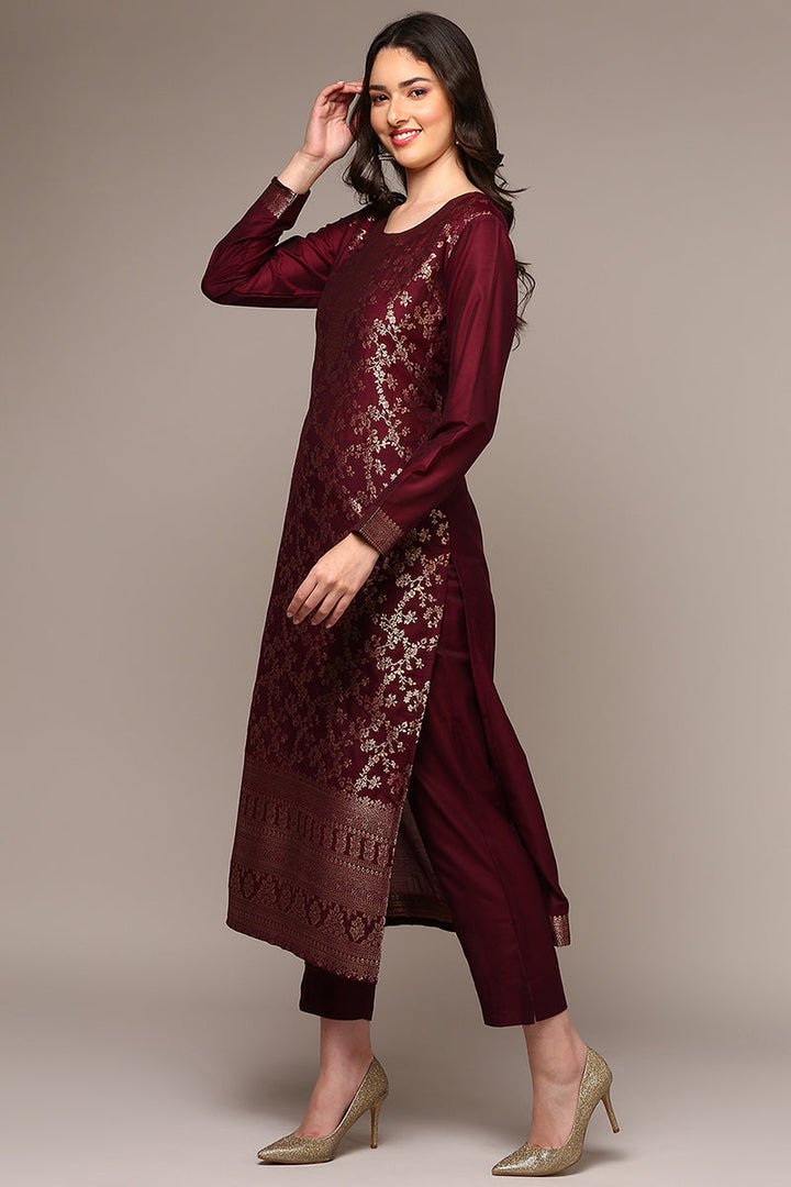 Maroon Poly Chanderi Woven Design Straight Suit Set | SHOBITAM