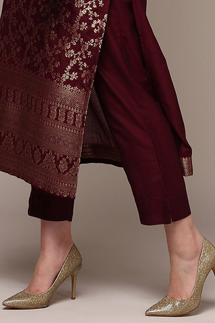 Maroon Poly Chanderi Woven Design Straight Suit Set | SHOBITAM
