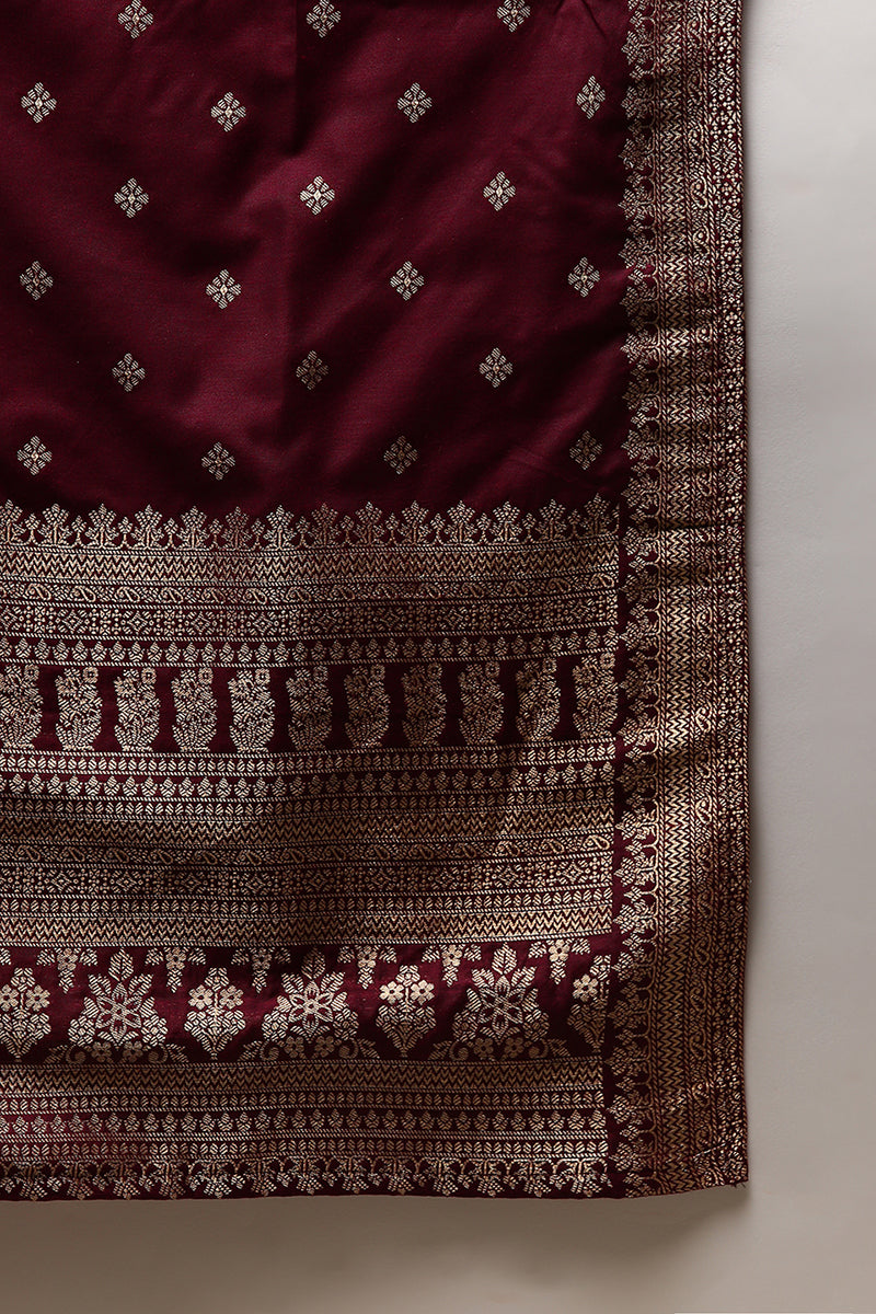 Maroon Poly Chanderi Woven Design Straight Suit Set | SHOBITAM