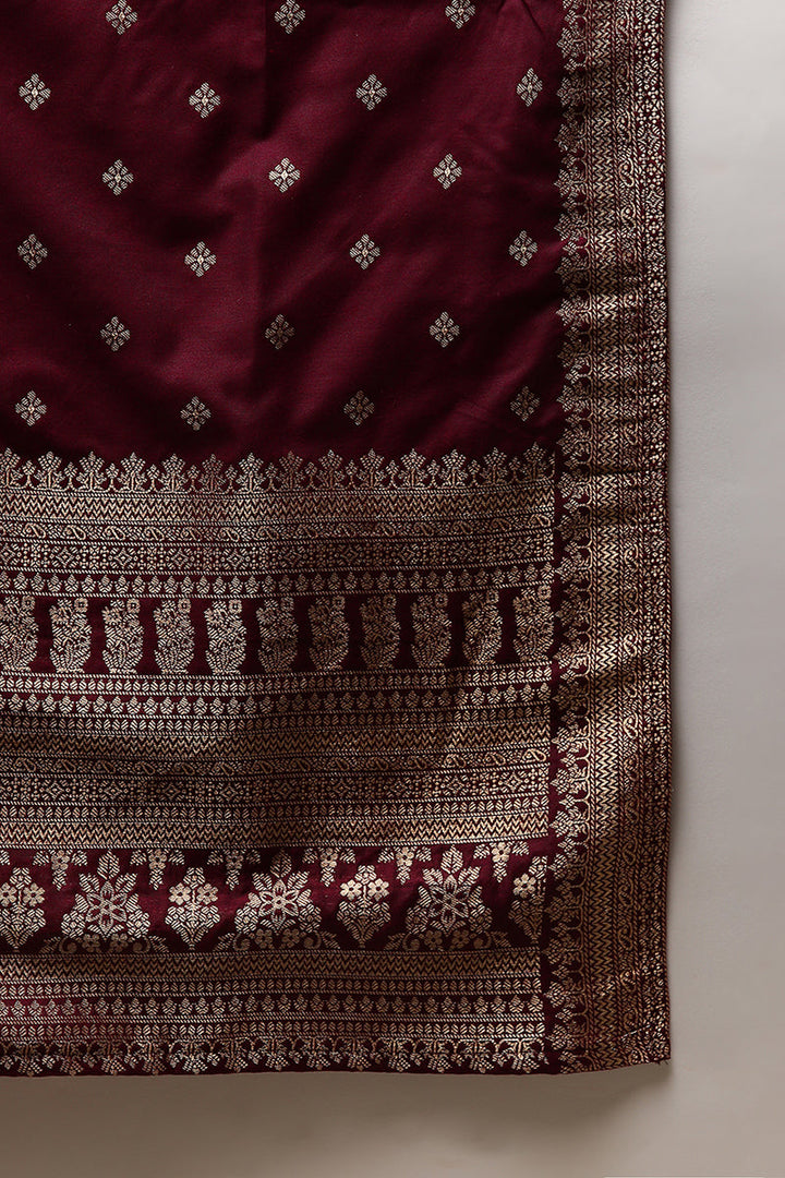 Maroon Poly Chanderi Woven Design Straight Suit Set | SHOBITAM